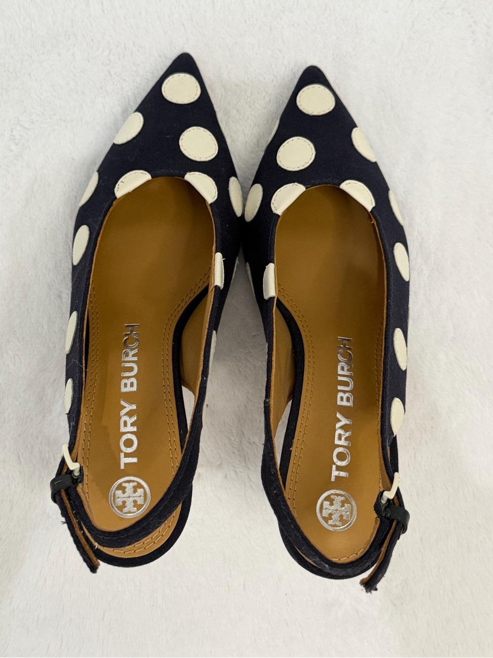 Tory Burch Polka Dot Slingback Heels Size 6M Navy White Pointed Toe Kitten Heel - Picture 4 of 16